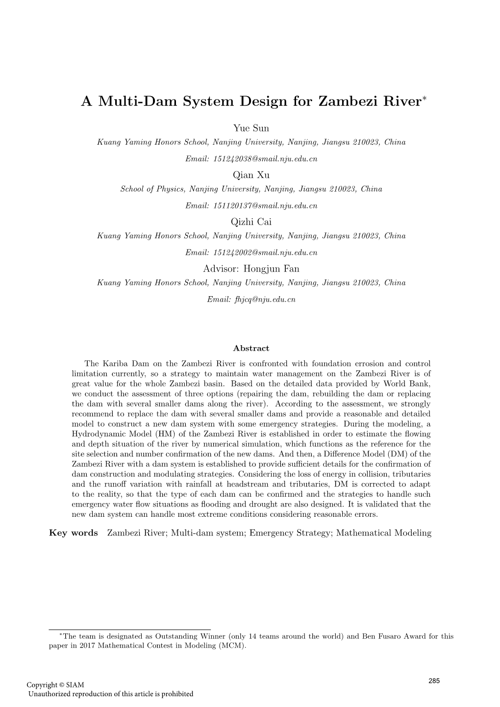 A Multi-Dam System Design for Zambezi River∗