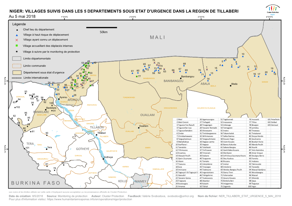 NIGER: VILLAGES SUIVIS DANS LES 5 DEPARTEMENTS SOUS ETAT D'urgence DANS LA REGION DE TILLABERI Au 5 Mai 2018 1°0'0