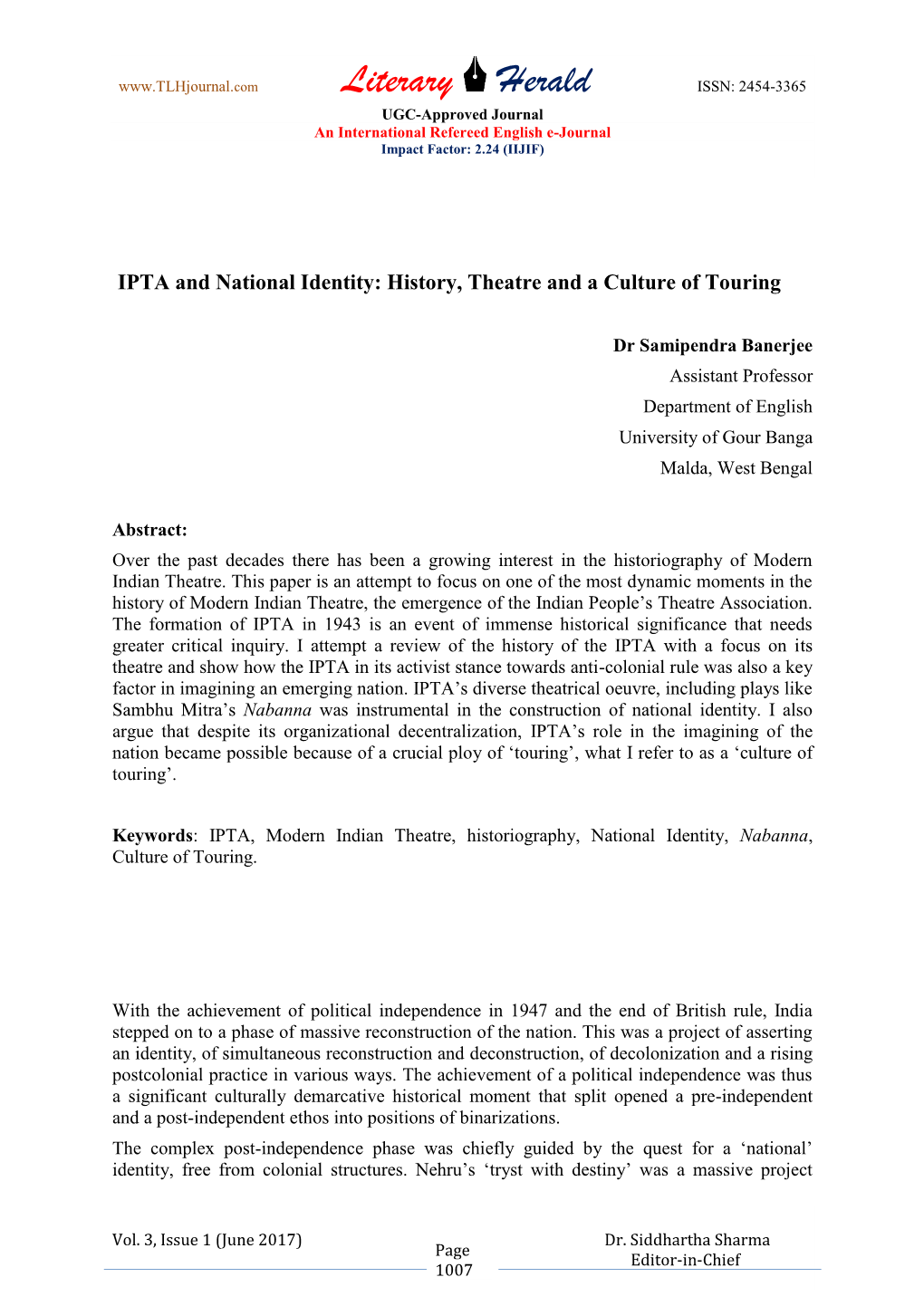 Literary Herald ISSN: 2454-3365 UGC-Approved Journal an International Refereed English E-Journal Impact Factor: 2.24 (IIJIF)