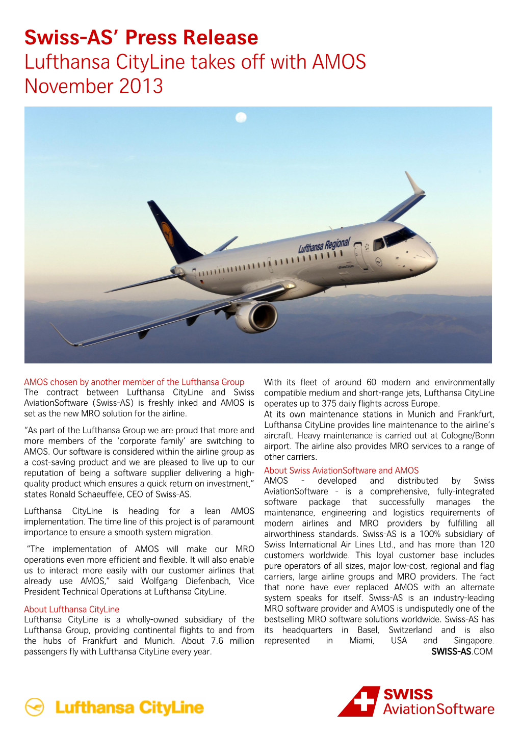 Swiss-AS' Press Release Lufthansa Cityline Takes Off with AMOS