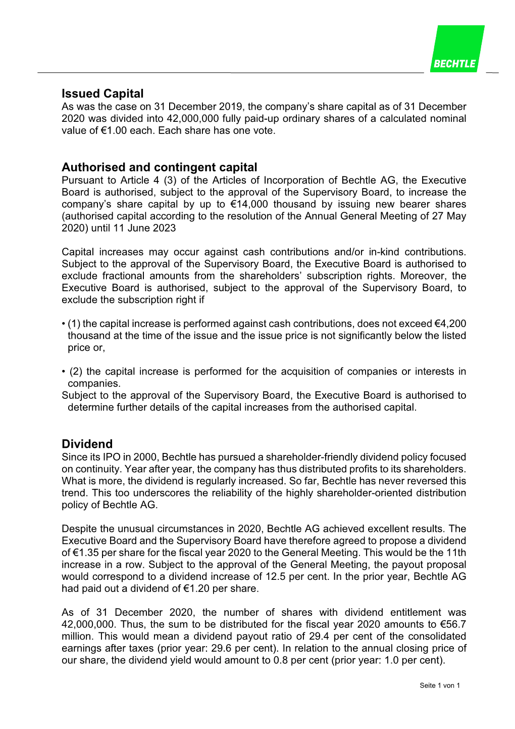 Issued Capital Authorised and Contingent Capital Dividend