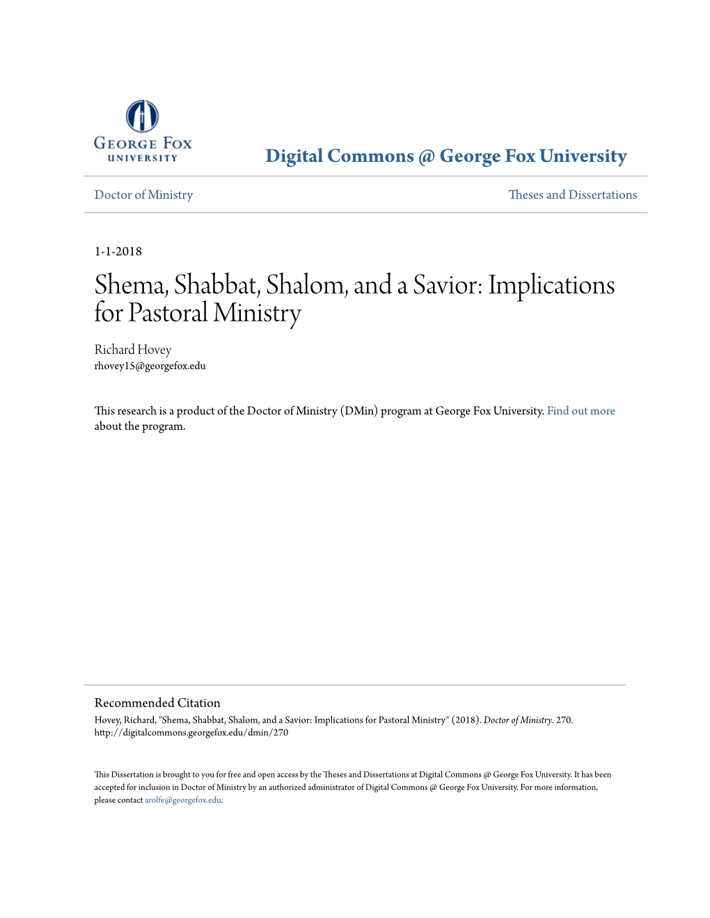 Shema, Shabbat, Shalom, and a Savior: Implications for Pastoral Ministry Richard Hovey Rhovey15@Georgefox.Edu