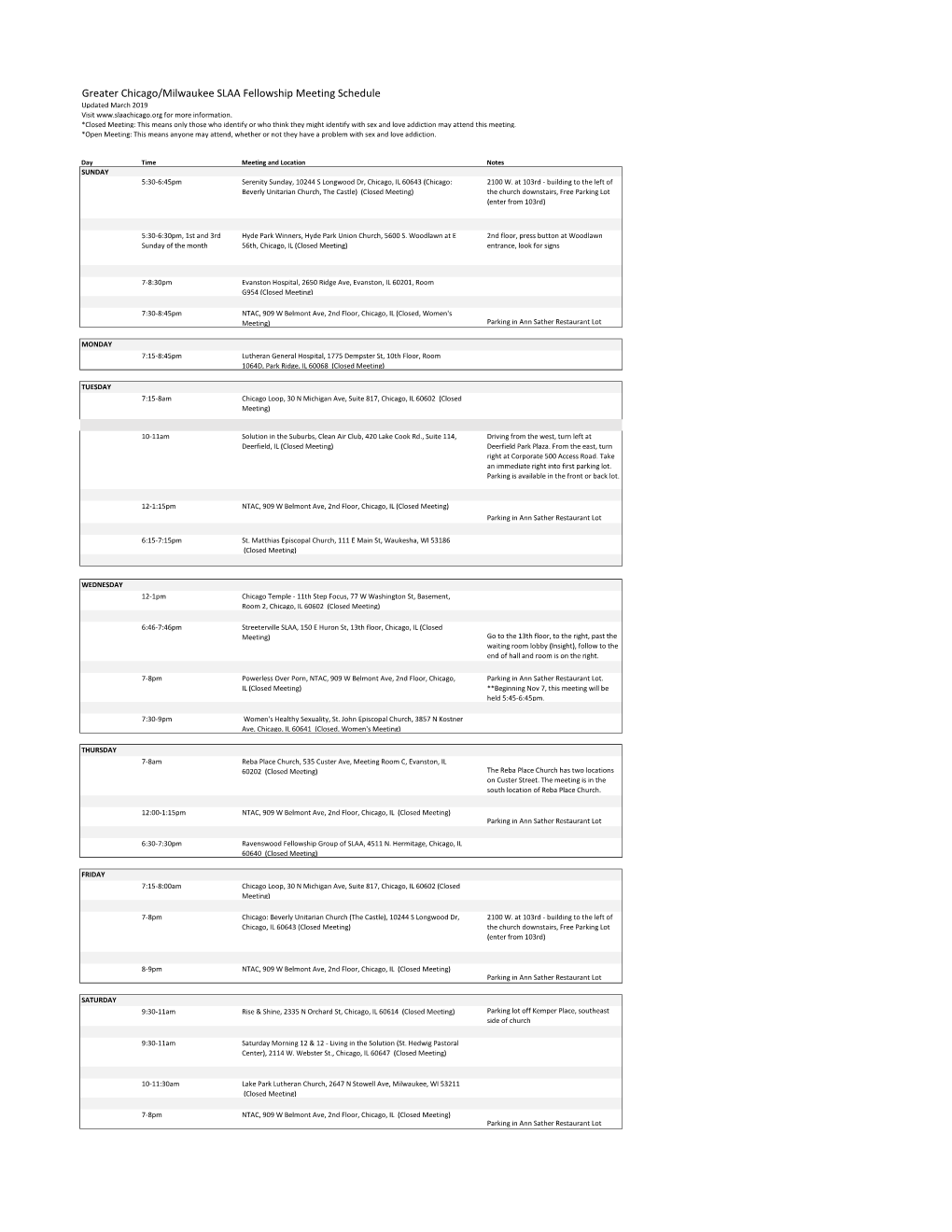 Greater Chicago/Milwaukee SLAA Fellowship Meeting Schedule Updated March 2019 Visit for More Information