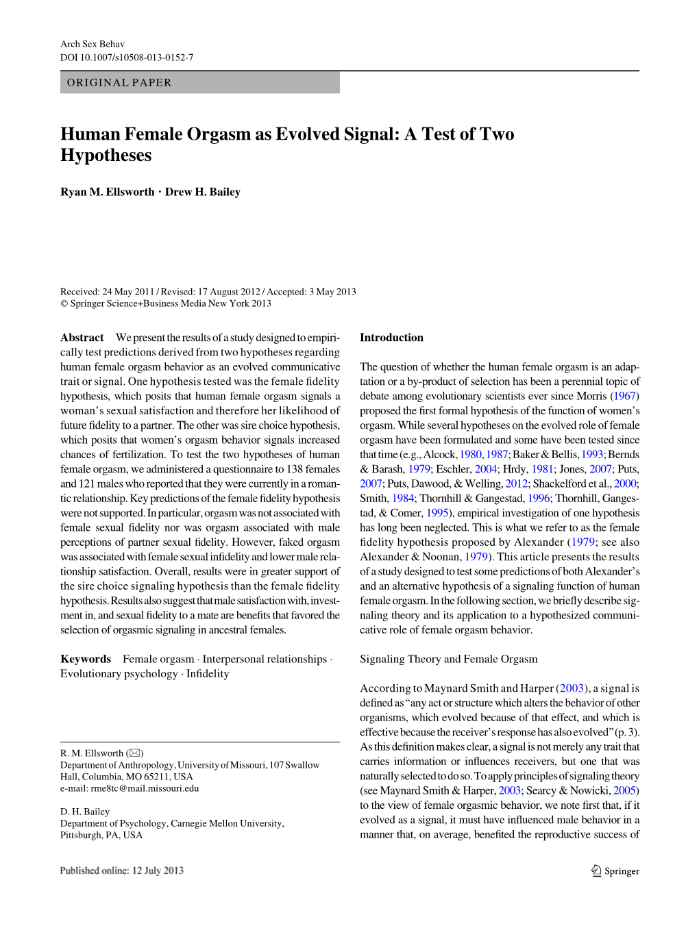 Human Female Orgasm As Evolved Signal: a Test of Two Hypotheses