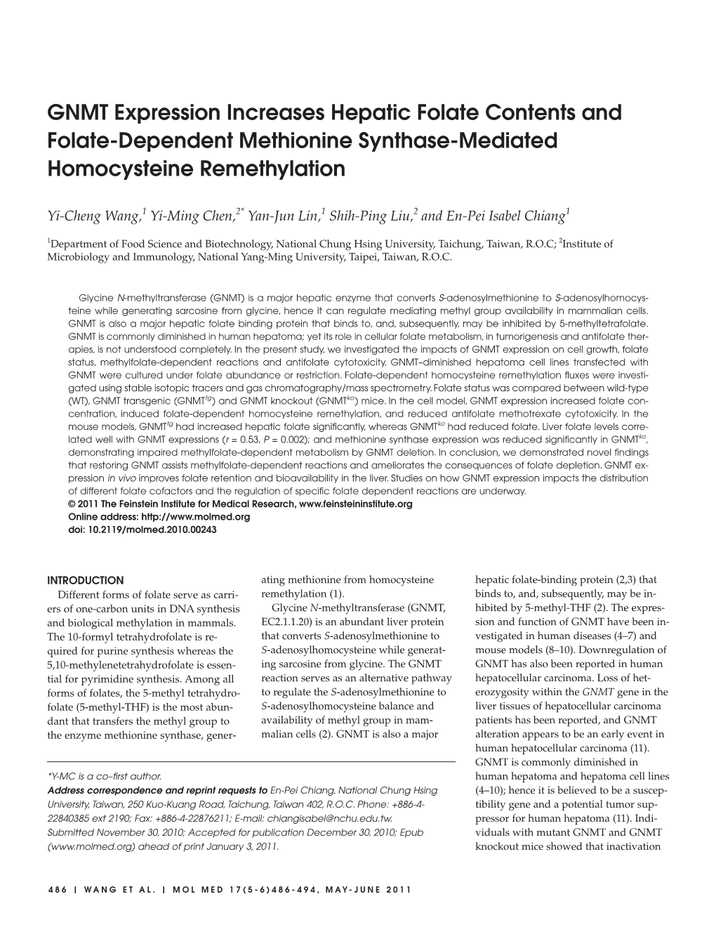 GNMT Expression Increases Hepatic Folate Contents and Folate-Dependent Methionine Synthase-Mediated Homocysteine Remethylation