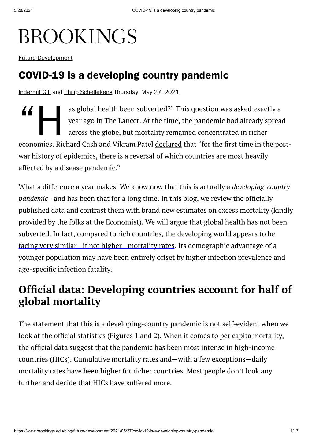 COVID-19 Is a Developing Country Pandemic