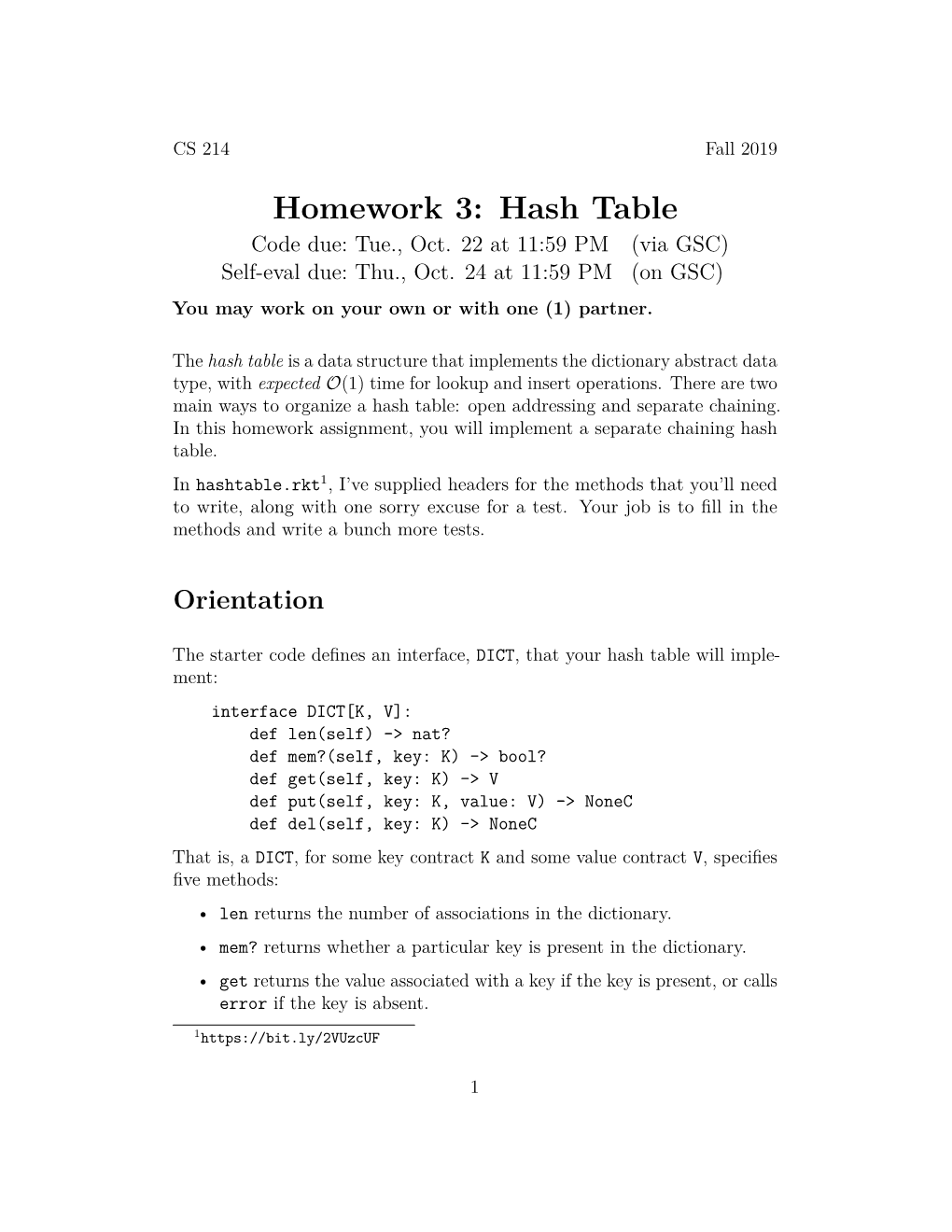 Homework 3: Hash Table Code Due: Tue., Oct