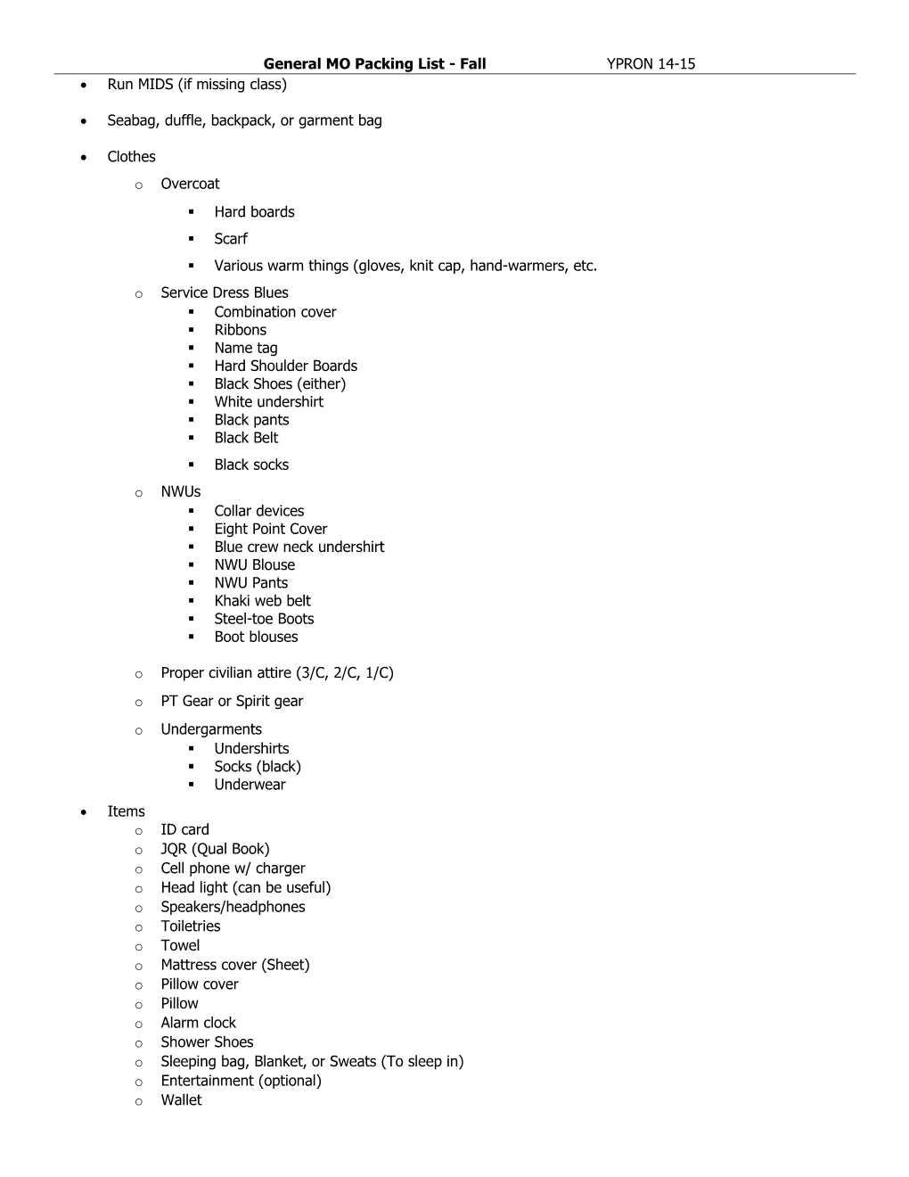 General MO Packing List