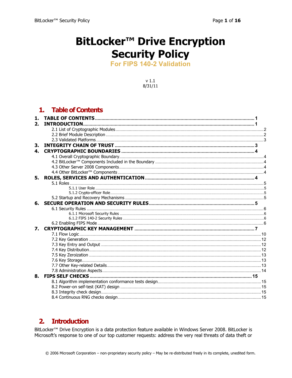 Bitlocker™ Drive Encryption Security Policy for FIPS 140-2 Validation