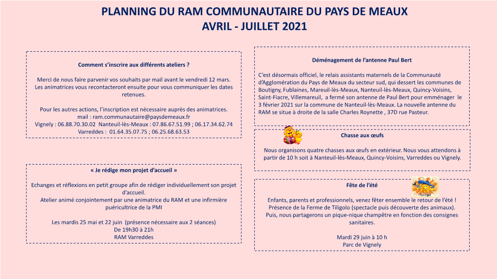 Le Planning Du RAM D'avril À Juillet 2021