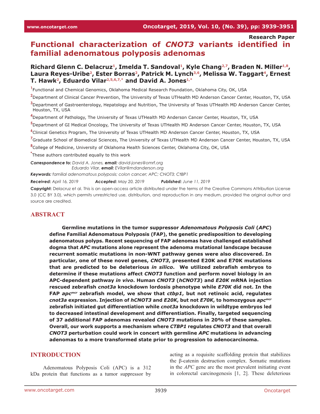 Functional Characterization of CNOT3 Variants Identified in Familial Adenomatous Polyposis Adenomas