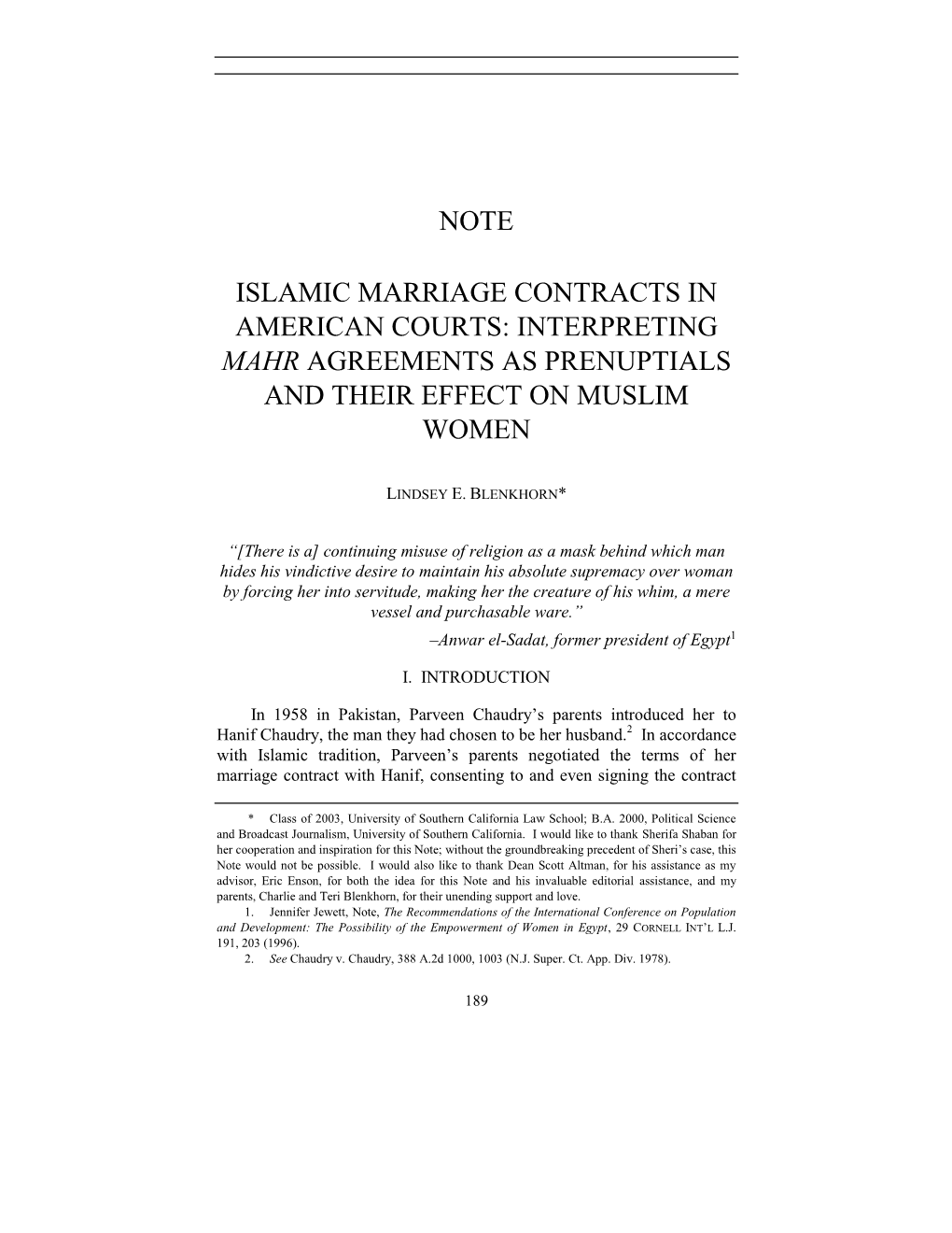 Islamic Marriage Contracts in American Courts: Interpreting Mahr Agreements As Prenuptials and Their Effect on Muslim Women