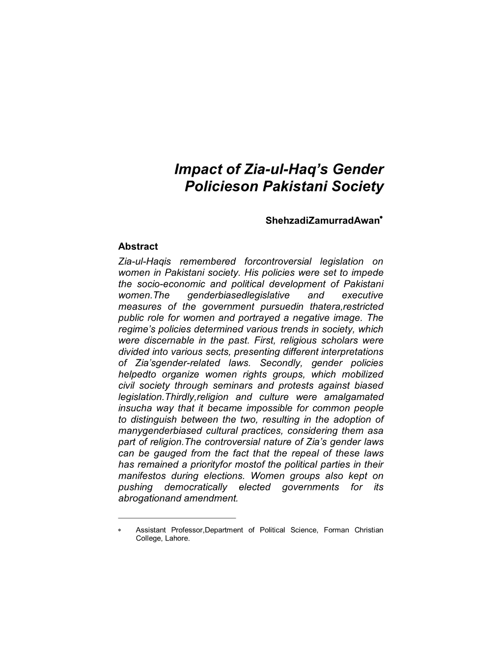 Impact of Zia-Ul-Haq's Gender Policieson Pakistani Society