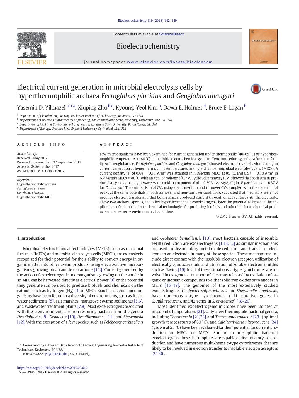 Electrical Current Generation in Microbial Electrolysis Cells by Hyperthermophilic Archaea Ferroglobus Placidus and Geoglobus Ahangari