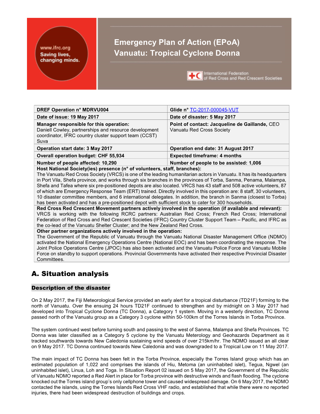 Emergency Plan of Action (Epoa) Vanuatu: Tropical Cyclone Donna