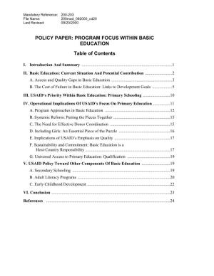 Policy Paper: Program Focus Within Basic Education