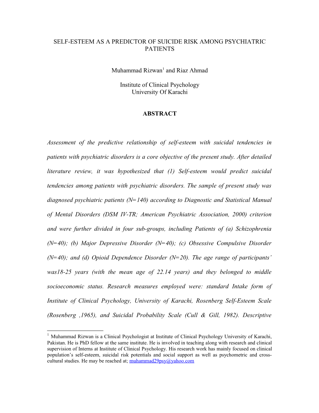 Self-Esteem As A Predictor Of Suicide Risk Among Psychiatric Patients