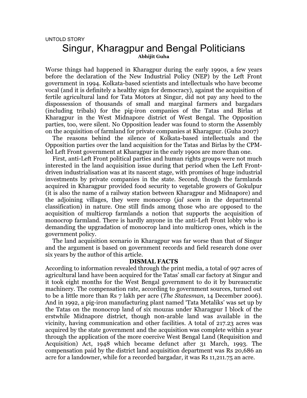 Singur, Kharagpur and Bengal Politicians Abhijit Guha