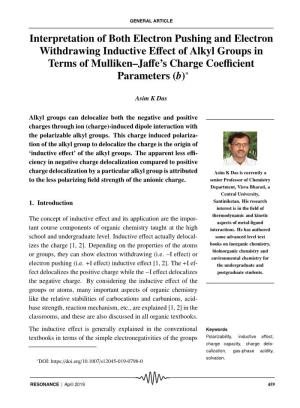 Interpretation of Both Electron Pushing and Electron Withdrawing Inductive Eﬀect of Alkyl Groups in Terms of Mulliken–Jaﬀe’S Charge Coeﬃcient Parameters (B)∗