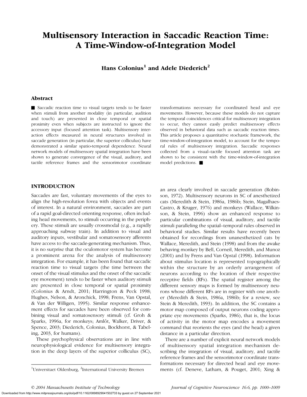 Multisensory Interaction in Saccadic Reaction Time: a Time-Window-Of-Integration Model