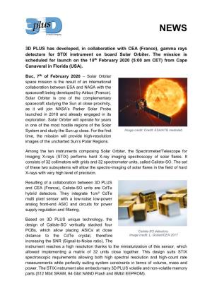 3D PLUS Has Developed, in Collaboration with CEA (France), Gamma Rays Detectors for STIX Instrument on Board Solar Orbiter