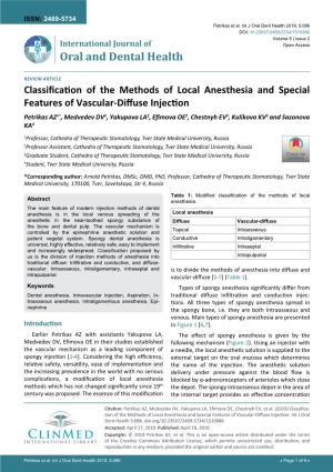 Classifica-Tion of the Methods of Local Anesthesia and Special Features Of
