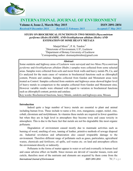 INTERNATIONAL JOURNAL of ENVIRONMENT Volume-4, Issue-2, March-May 2015 ISSN 2091-2854 Received:9 December 2014 Revised:22 February 2015 Accepted:17 May 2015