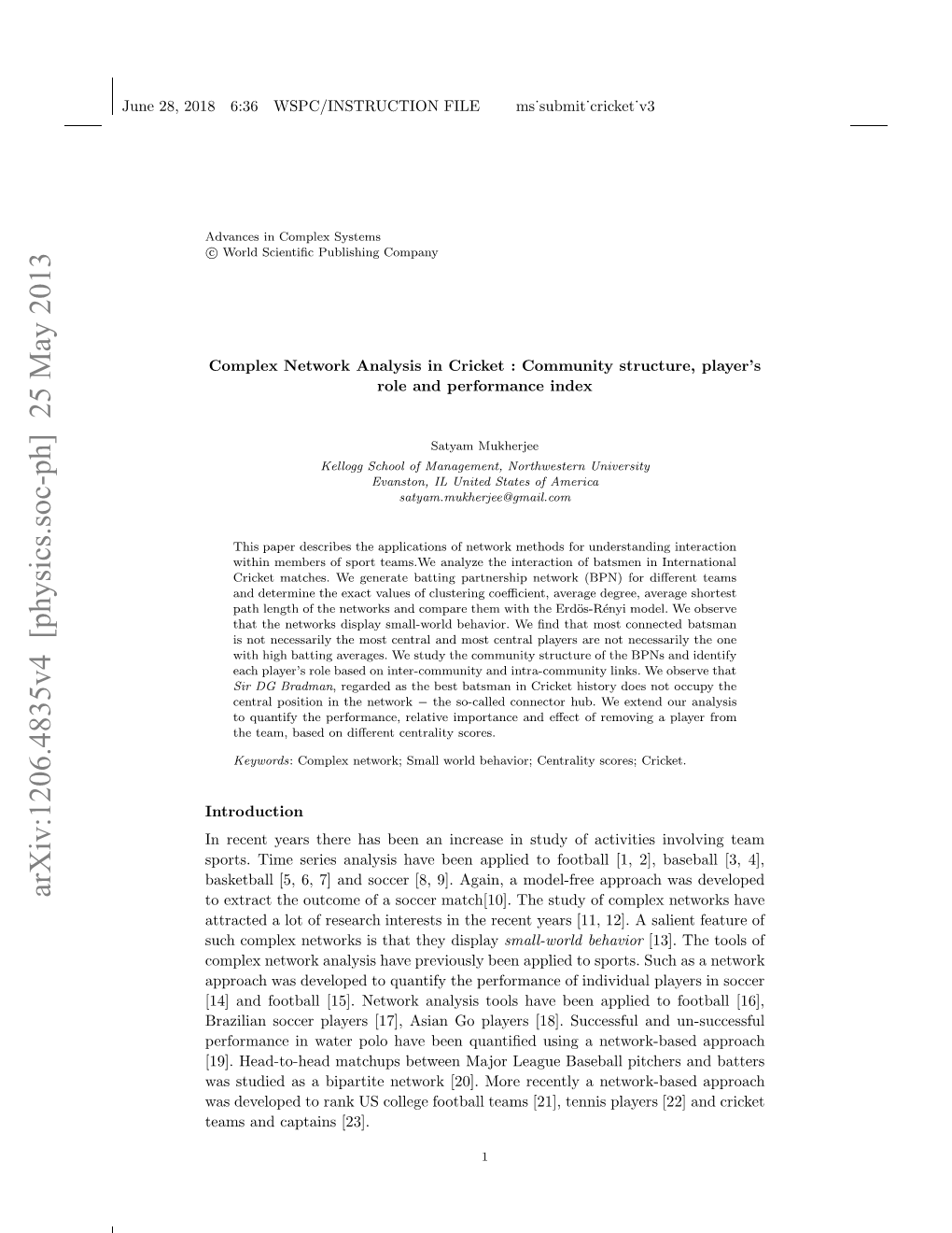 Arxiv:1206.4835V4 [Physics.Soc-Ph] 25 May 2013 Ue2,21 :6WP/NTUTO Iems˙Submit˙Cricket˙V3 FILE WSPC/INSTRUCTION 6:36 2018 28, June Trce O Frsac Neet Ntercn Er 1,12]