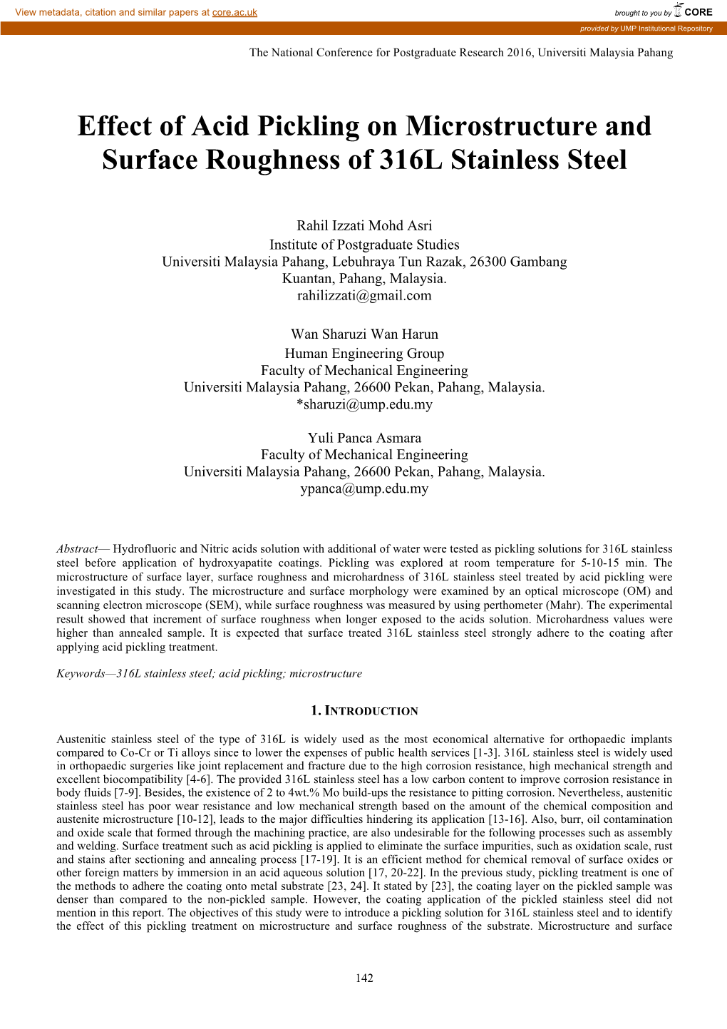 Effect of Acid Pickling on Microstructure and Surface Roughness of 316L Stainless Steel