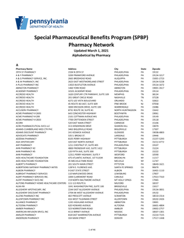 Special Pharmaceutical Benefits Program (SPBP) Pharmacy Network Updated March 1, 2021 Alphabetical by Pharmacy
