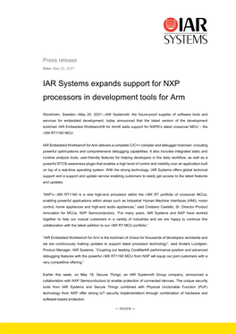 IAR Systems Expands Support for NXP Processors in Development Tools for Arm