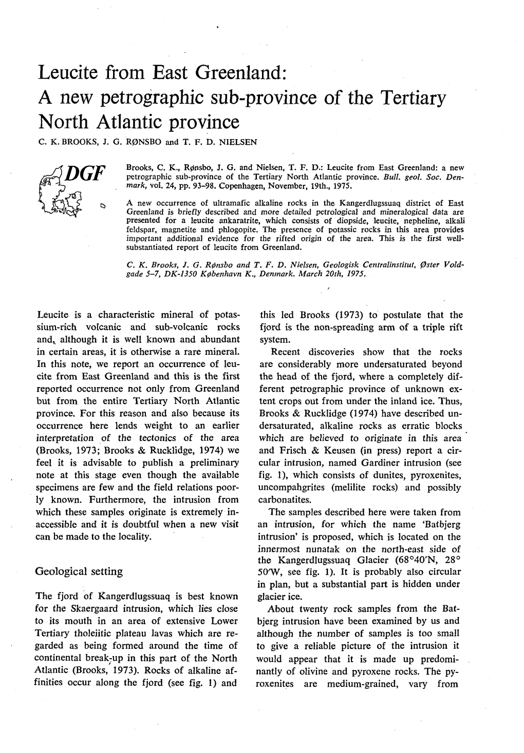 Leucite from East Greenland: a New Petrographic Sub-Province of the Tertiary North Atlantic Province C