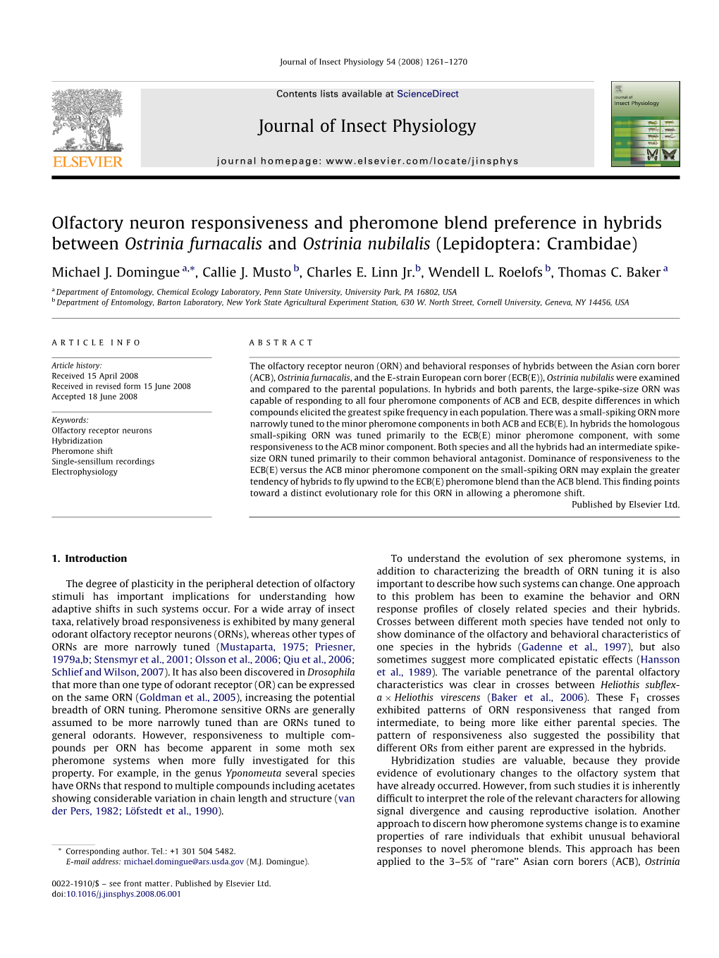 Olfactory Neuron Responsiveness and Pheromone Blend Preference in Hybrids Between Ostrinia Furnacalis and Ostrinia Nubilalis (Lepidoptera: Crambidae)