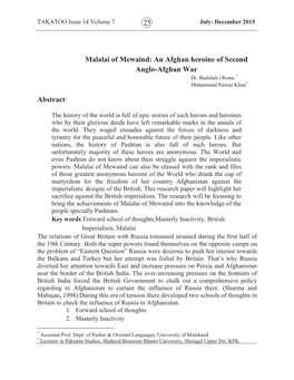 25 Malalai of Mewaind: an Afghan Heroine of Second Anglo-Afghan War Abstract