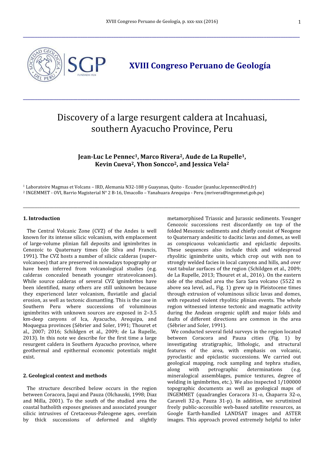 Discovery of a Large Resurgent Caldera at Incahuasi, Southern Ayacucho Province, Peru