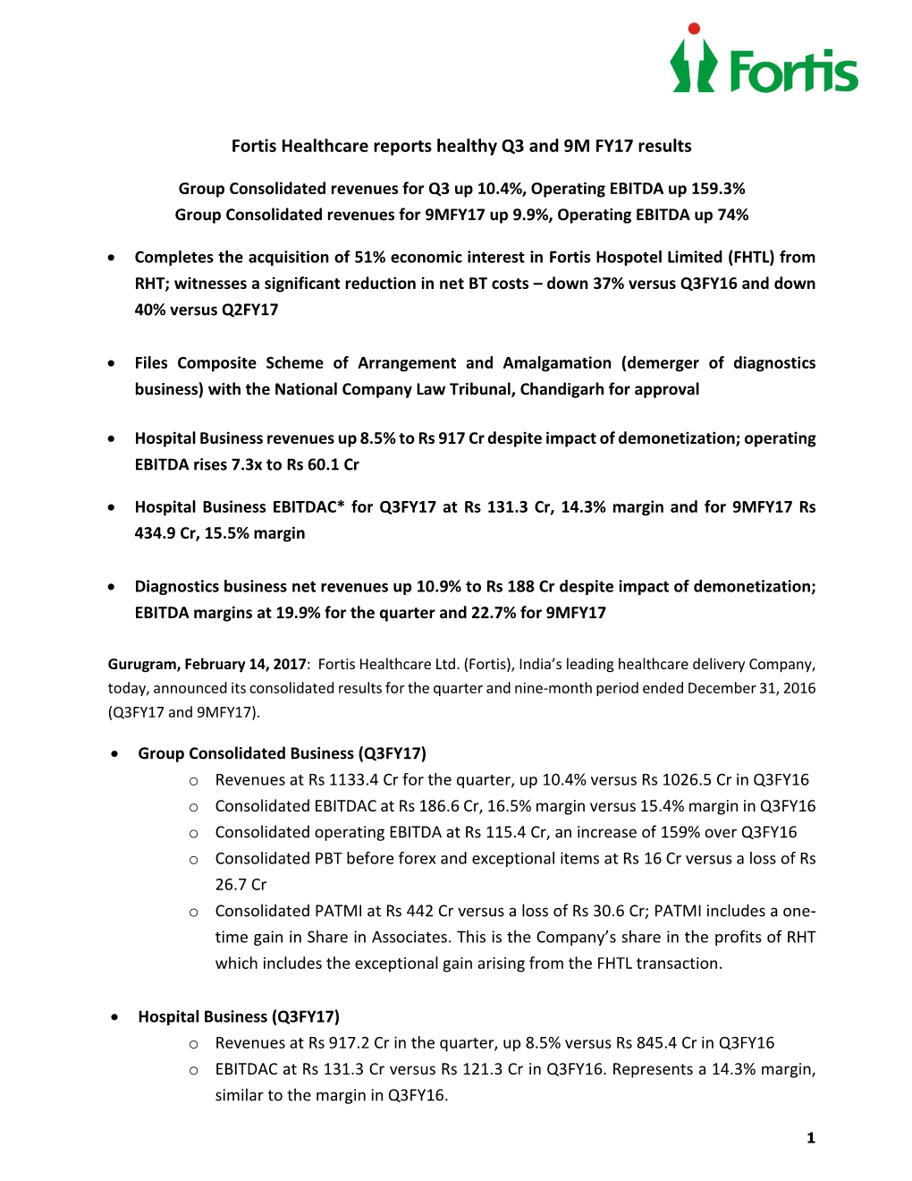 Fortis Announces Increased EBIDTA for Q3FY08 by 103% V/S Q2FY08