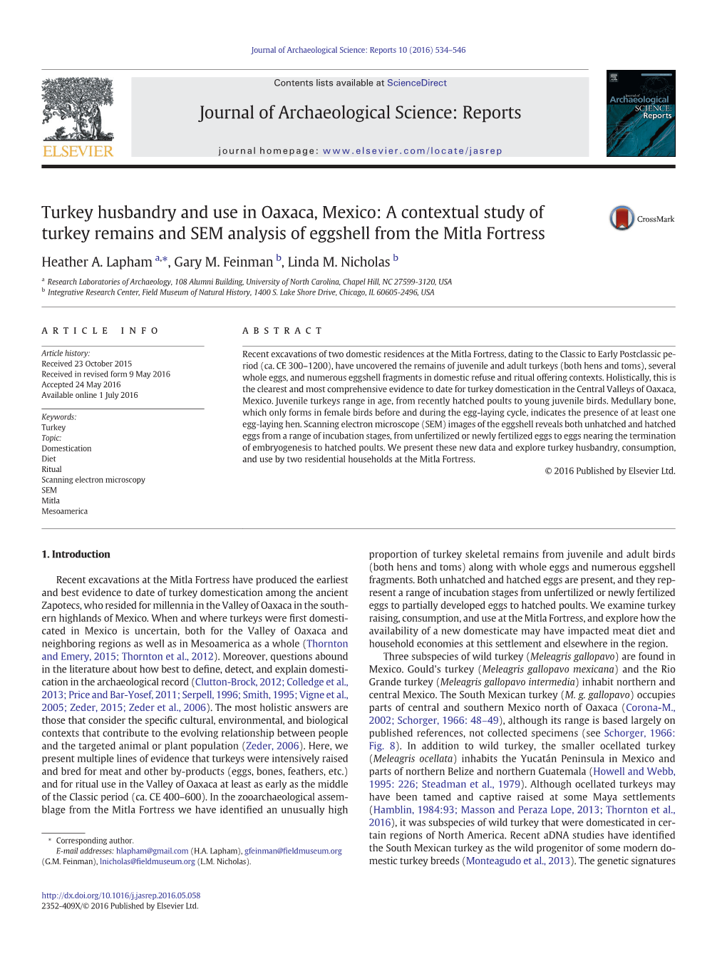 Turkey Husbandry and Use in Oaxaca, Mexico: a Contextual Study of Turkey Remains and SEM Analysis of Eggshell from the Mitla Fortress