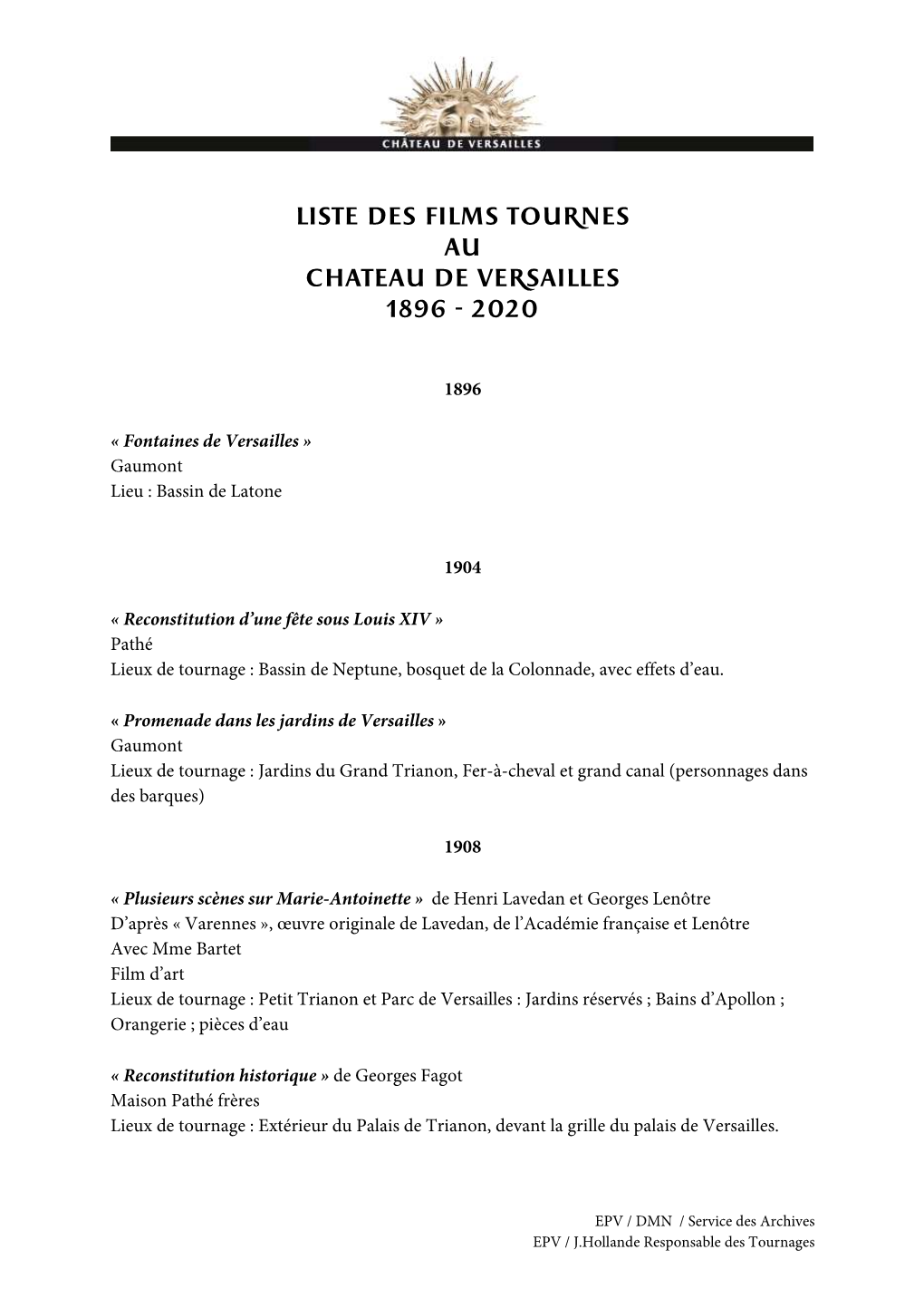 Liste Complète Des Films Tournés À Versailles Entre 1896 Et 2020 (Pdf)