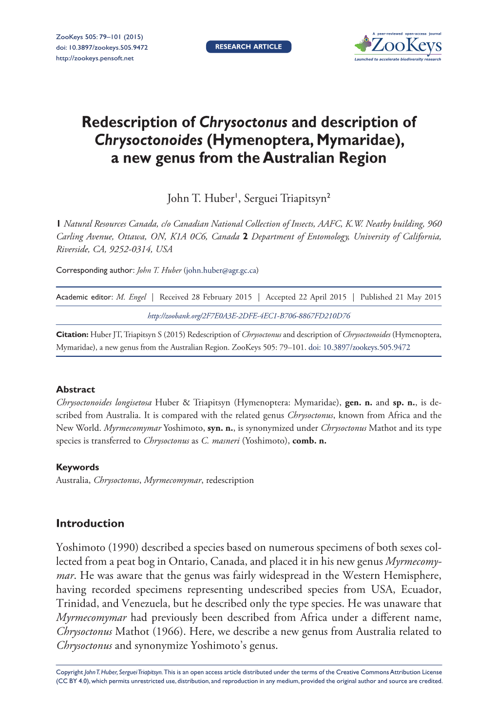 Hymenoptera, Mymaridae), a New Genus from the Australian Region