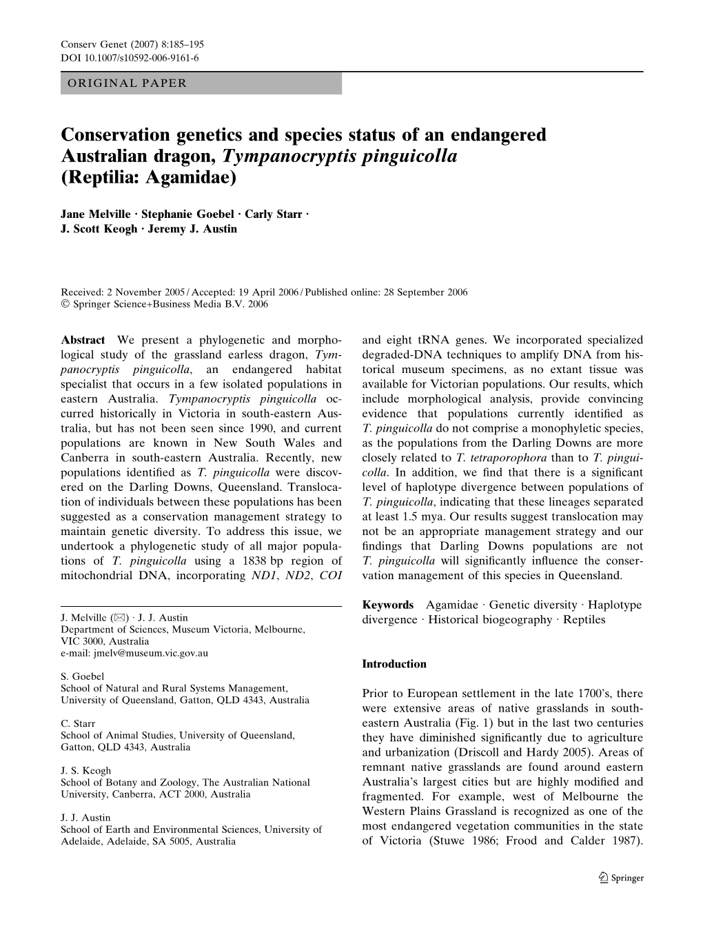 Conservation Genetics and Species Status of an Endangered Australian Dragon, Tympanocryptis Pinguicolla (Reptilia: Agamidae)