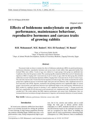Effects of Boldenone Undecylenate on Growth Performance, Maintenance Behaviour, Reproductive Hormones and Carcass Traits of Growing Rabbits