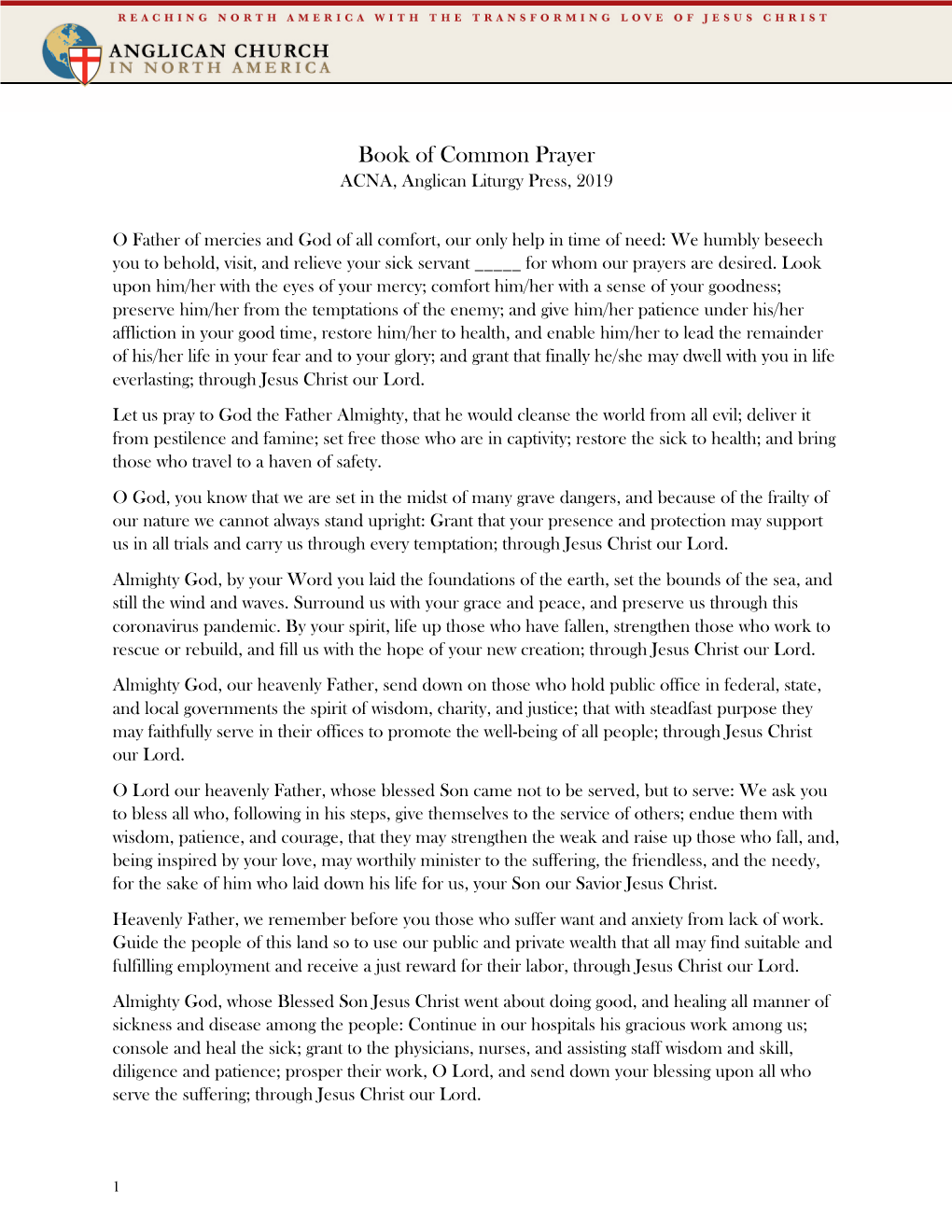 Book of Common Prayer ACNA, Anglican Liturgy Press, 2019