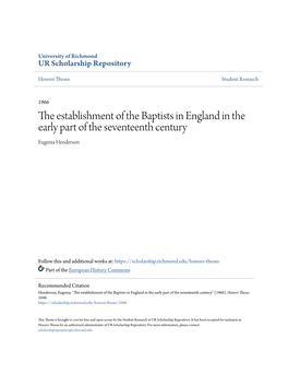 The Establishment of the Baptists in England in the Early Part of the Seventeenth Century Eugenia Henderson