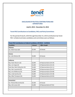 DISCLOSURE of POLITICAL CONTRIBUTIONS and EXPENDITURES July 01, 2014 – December 31, 2014 Tenet-PAC Contributions to Candidates