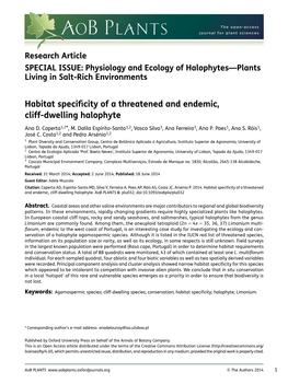 Habitat Specificity of a Threatened and Endemic, Cliff-Dwelling Halophyte