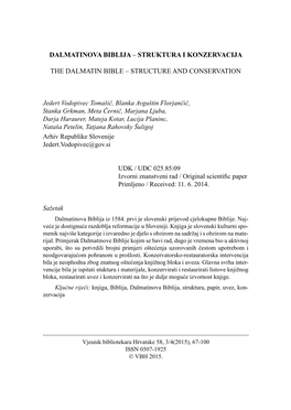 Dalmatinova Biblija – Struktura I Konzervacija
