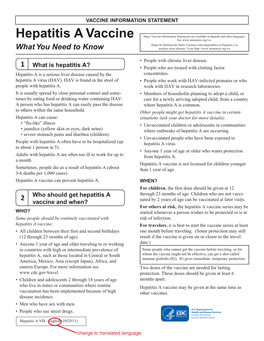 Hepatitis a Vaccine Many Vaccine Information Statements Are Available in Spanish and Other Languages