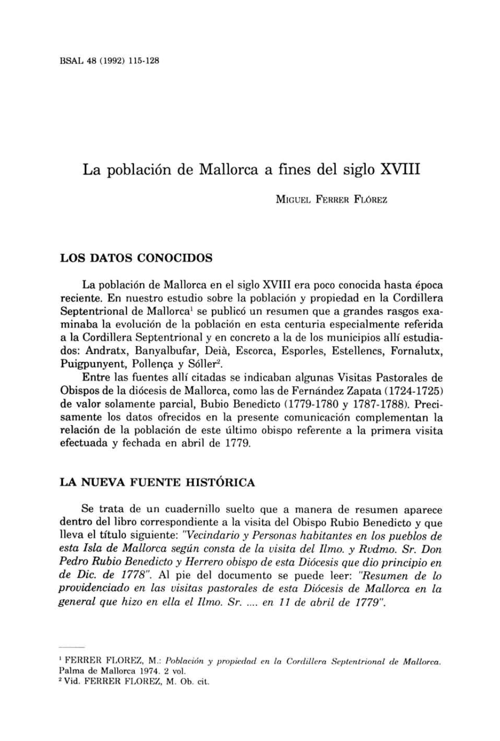 La Población De Mallorca a Fines Del Siglo XVIII