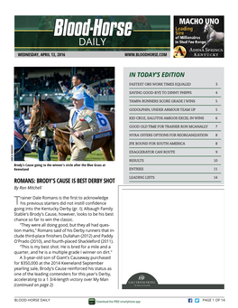 Brody's Cause Is Best Derby Shot in Today's Edition