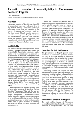 Phonetic Correlates of Unintelligibility in Vietnamese- Accented English Una Cunningham School of Arts and Media, Dalarna University, Falun